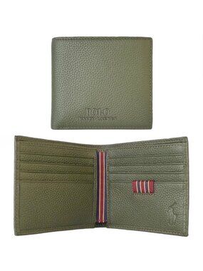 NIB Polo Ralph Lauren Pebbled Leather Billfold with striped grosgrain accents